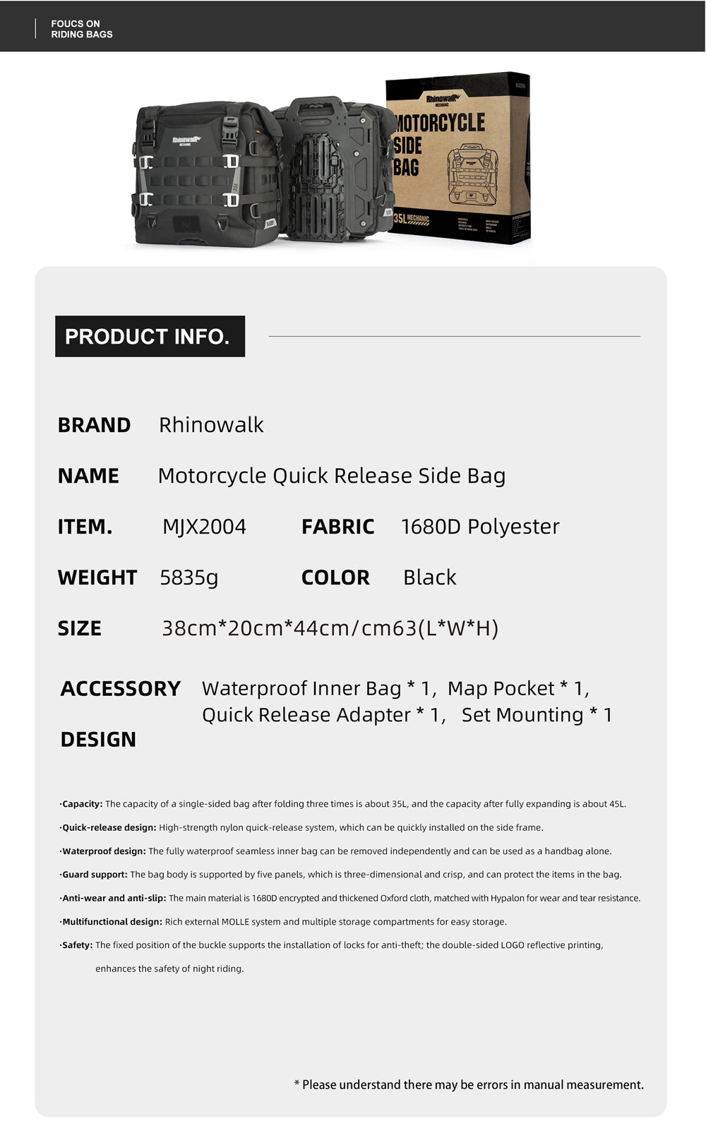 35L Motorcycle Side Bag – Quick Release Waterproof Saddlebag