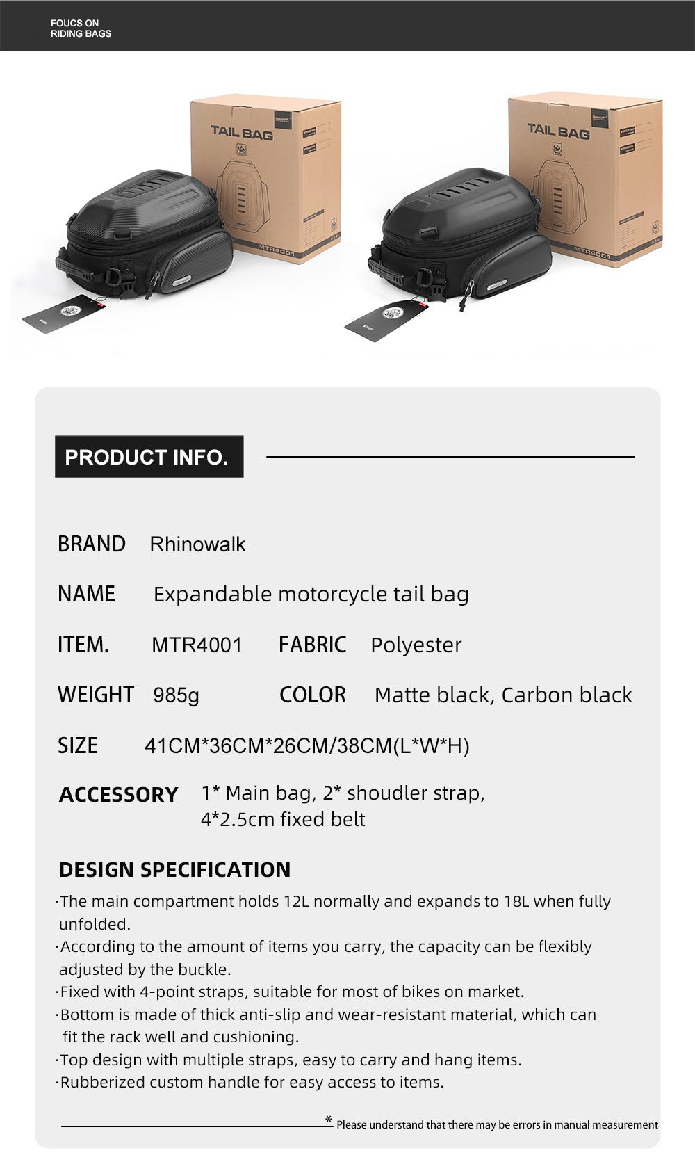 12-18l Motorcycle hard shell tail bag