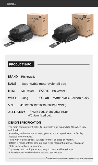 12-18l Motorcycle hard shell tail bag