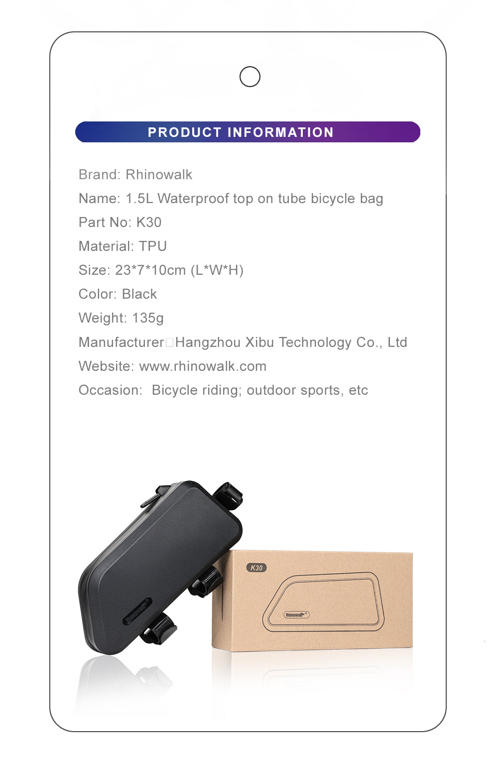 1.5 Liter Waterproof TPU Bike Top Tube Bag -K30