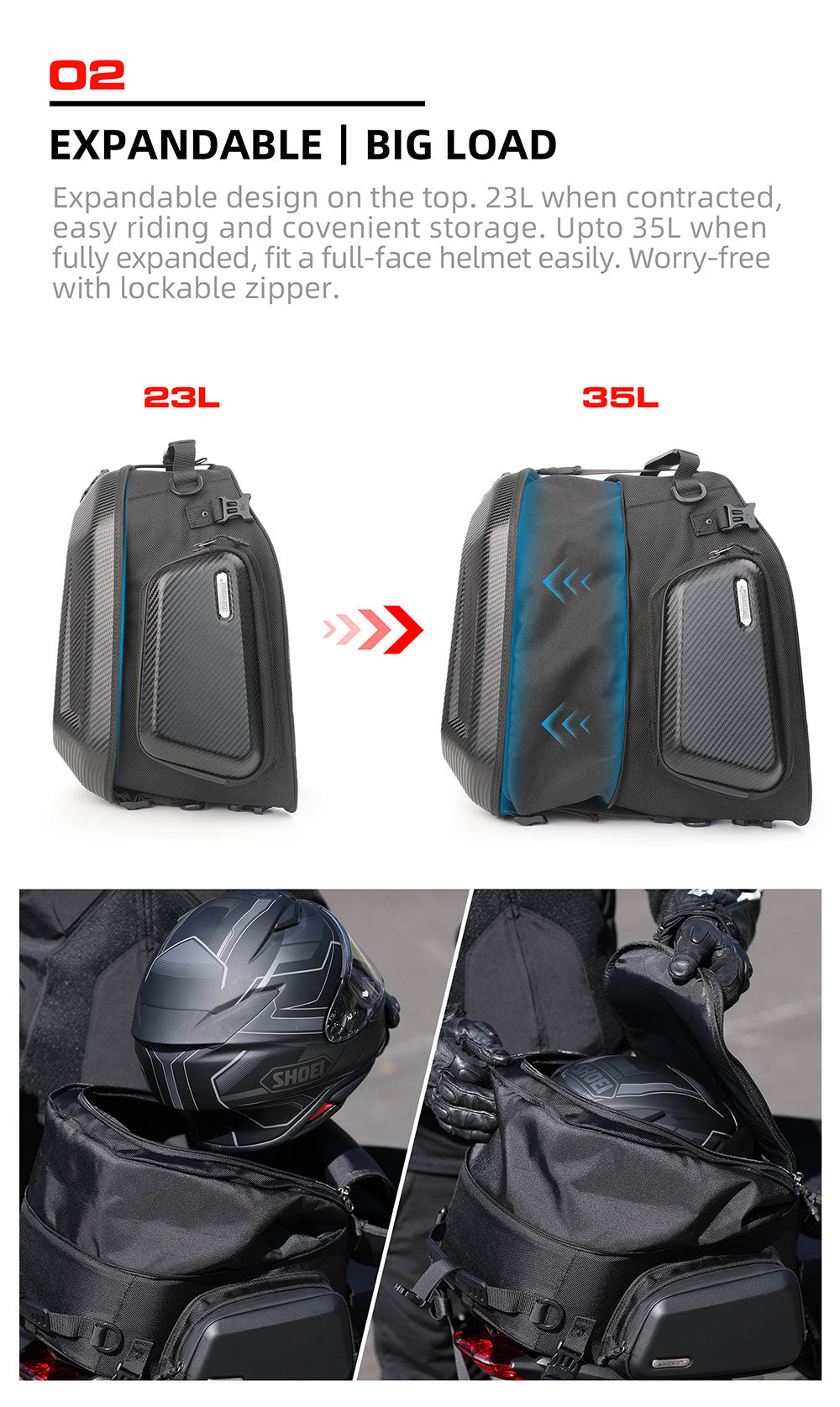 23L-35L Hard Shell Tail  Bag with Expandable